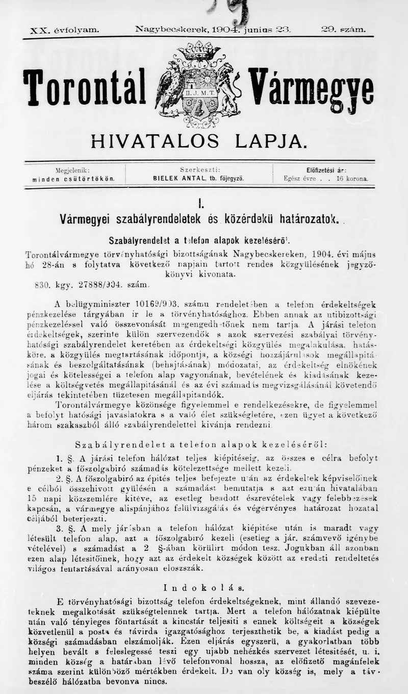 Torontál Vármegye Hivatalos Lapja, 20. évf. 1904. június 23. 29. sz.