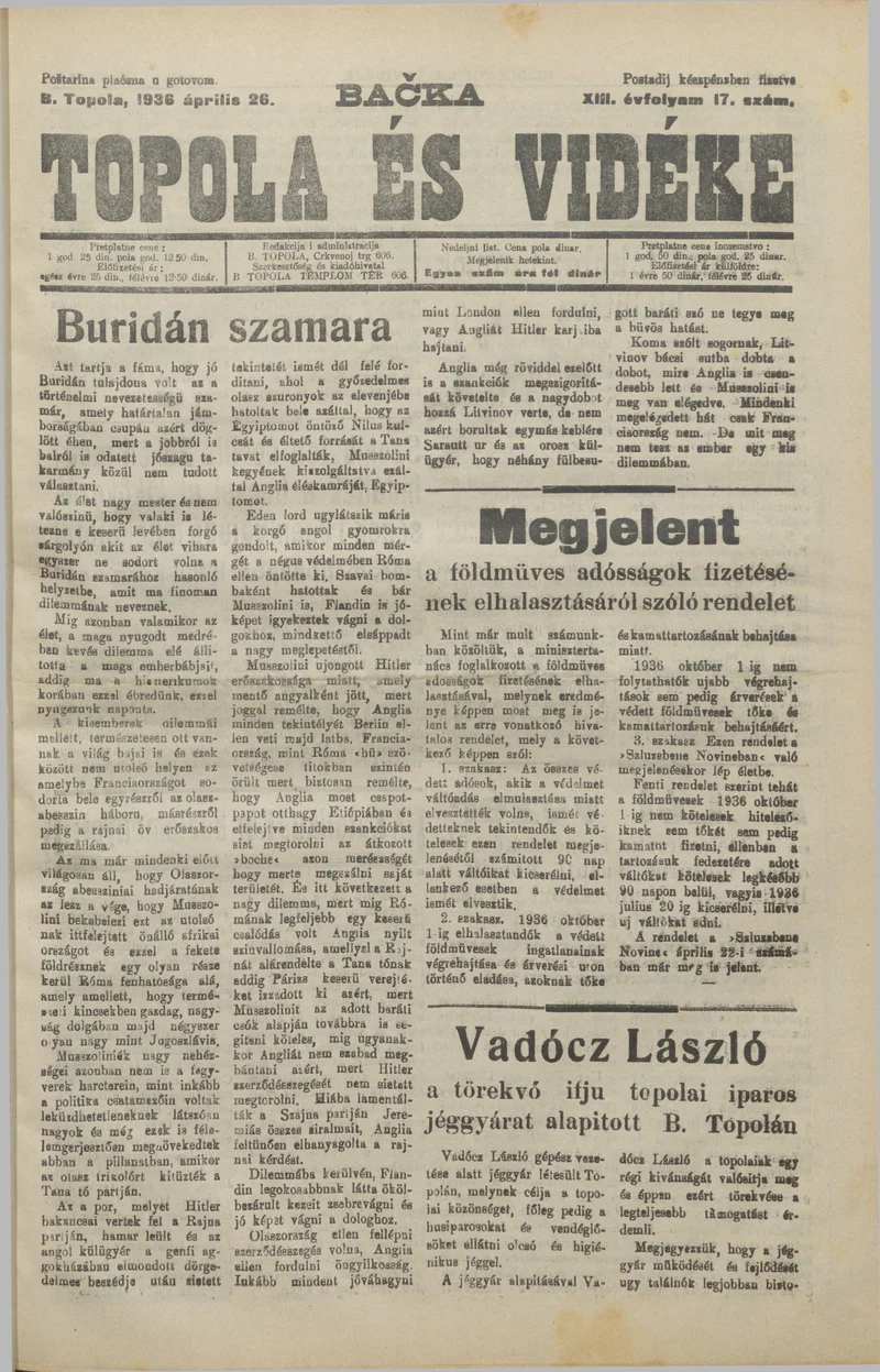 Bačka Topola és Vidéke, 13. évf. 1936. április 26. 17. sz.