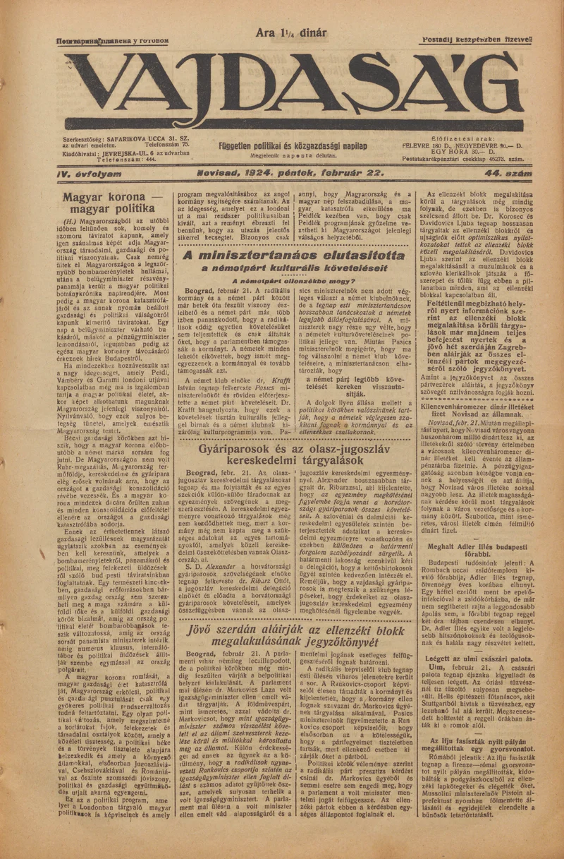 Vajdaság, 4. évf. 1924. február 22. 44. sz.