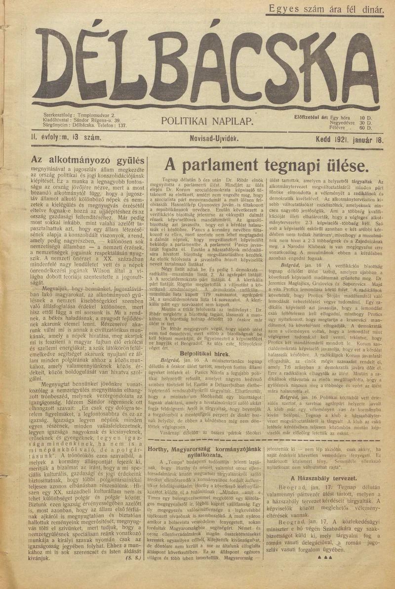 Délbácska, 2. évf. 1921. január 18. 13. sz.