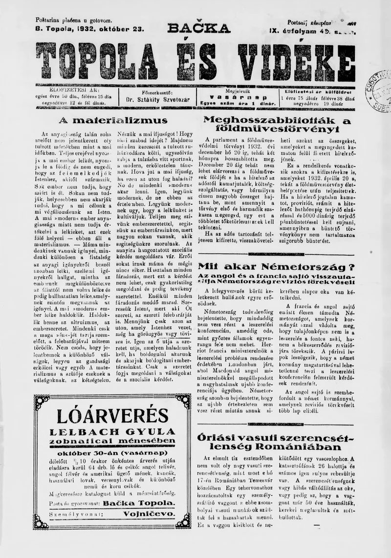Bačka Topola és Vidéke, 9. évf. 1932. október 23. 43. sz.