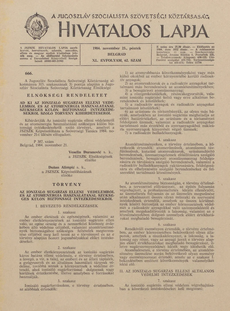 A Jugoszláv Szocialista Szövetségi Köztársaság Hivatalos Lapja, 40. évf. 1984. november 23. 62. sz. 1371–1394. oldal
