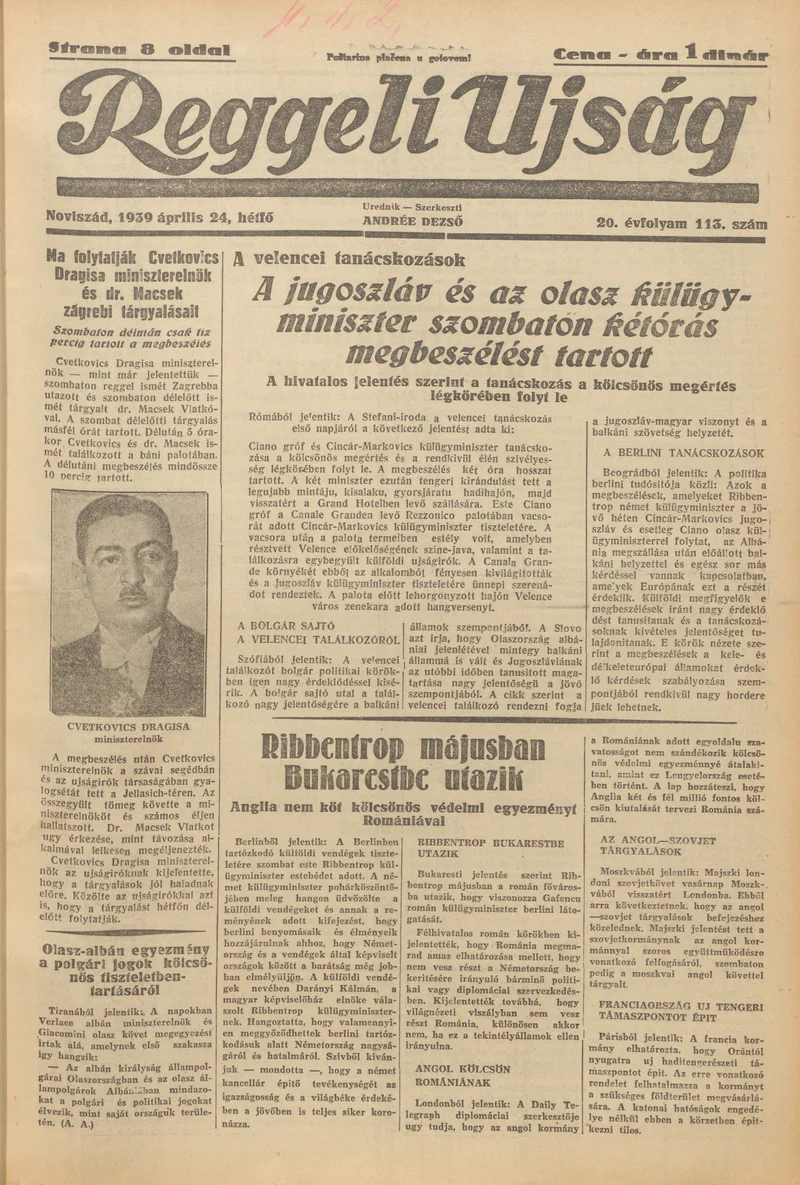 Reggeli Újság, 20. évf. 1939. április 24. 113. sz.