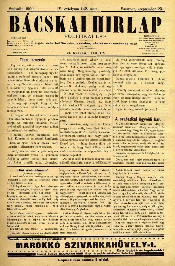 Bácskai Hirlap, 4. évf. 1900. szeptember 23. 142. sz.