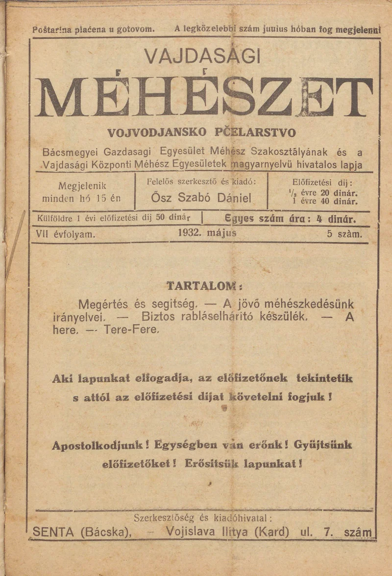 Vajdasági méhészet, 7. évf. 1932. május 1. 5. sz.