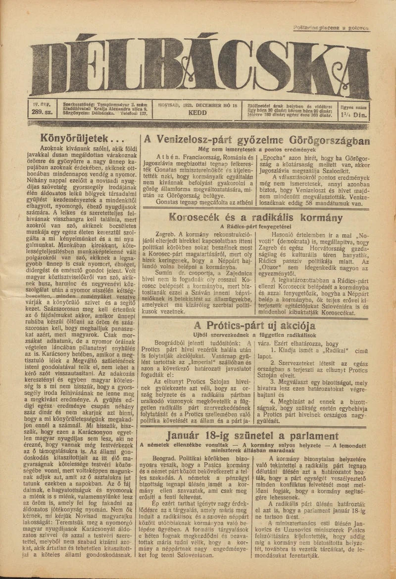 Délbácska, 4. évf. 1923. december 18. 289. sz.