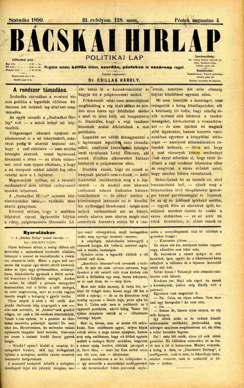 Bácskai Hirlap, 3. évf. 1899. augusztus 4. 118. sz.