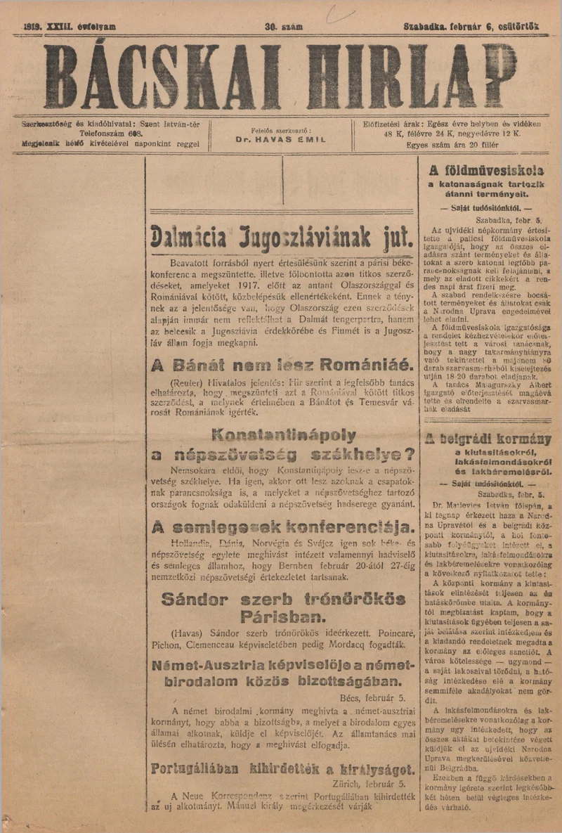 Bácskai Hirlap, 23. évf. 1919. február 6. 30. sz.