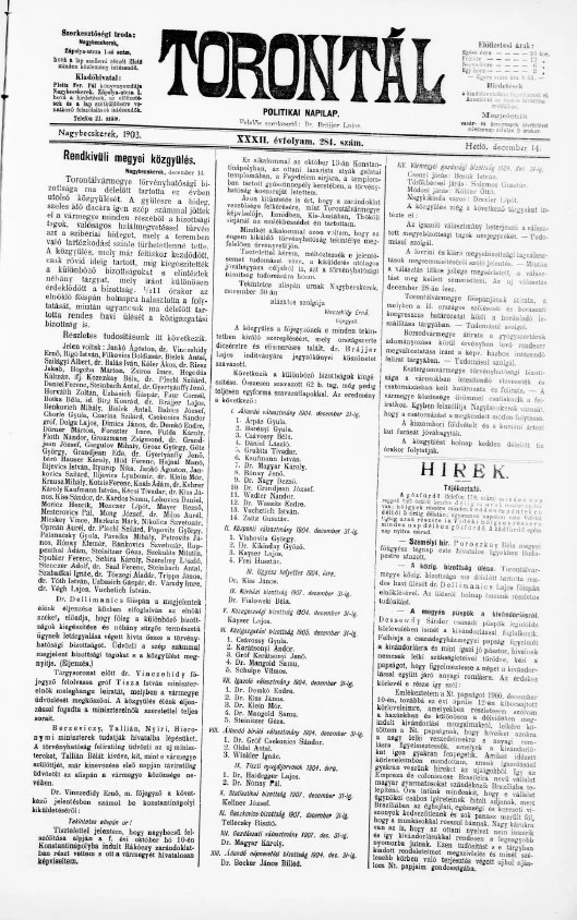 Torontál, 32. évf. 1903. december 14. 284. sz.