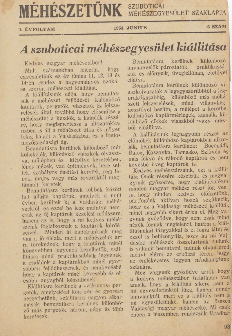 Méhészetünk, 1. évf. 1954. június 1. 6. sz.
