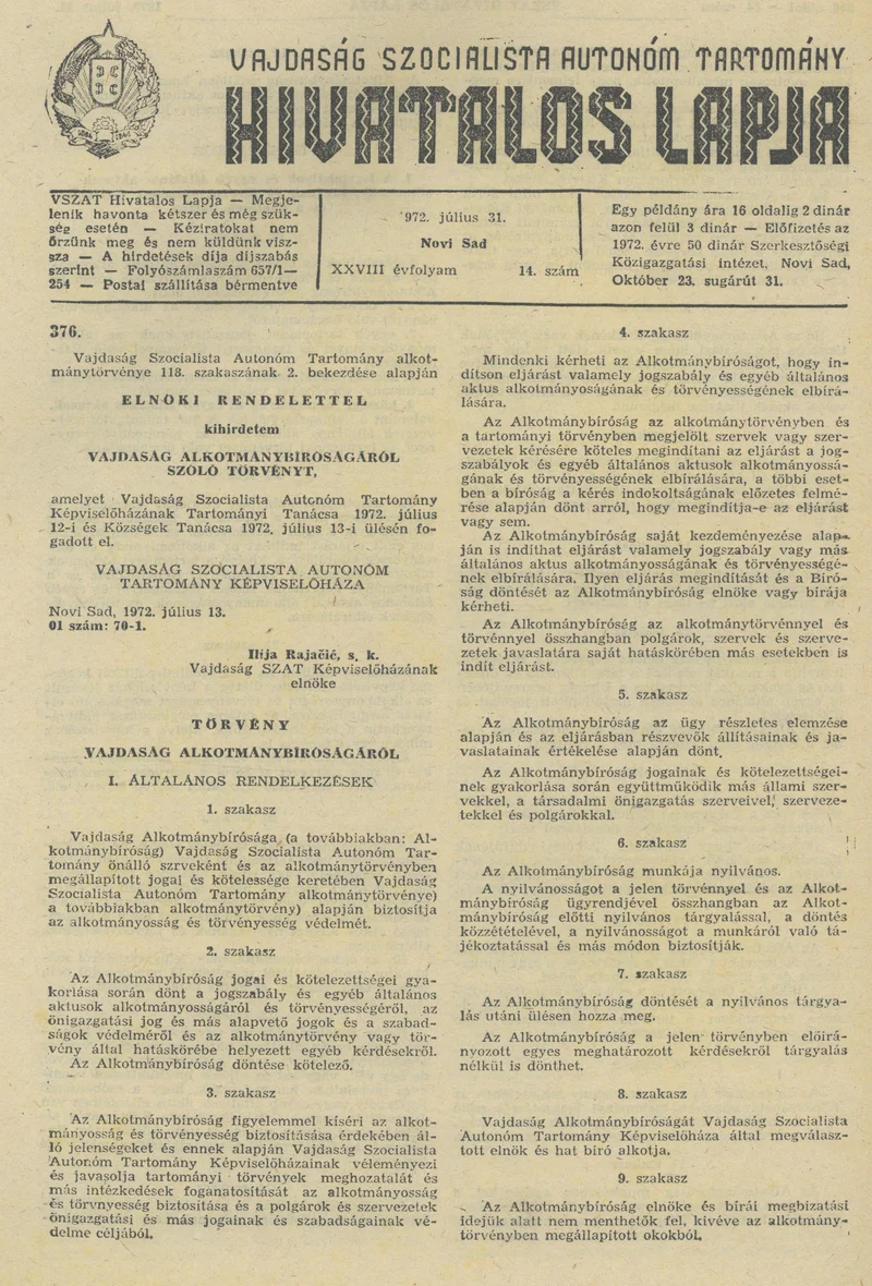 Vajdaság Szocialista Autonóm Tartomány Hivatalos Lapja, 28. évf. 1972. július 31. 14. sz. 545–560. oldal