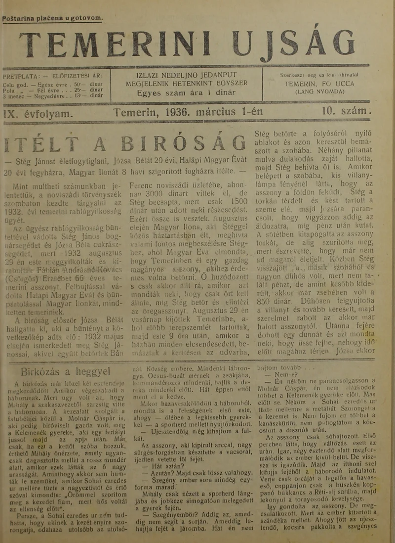 Temerini Újság 1928-1944, 9. évf. 1936. március 1. 10. sz.