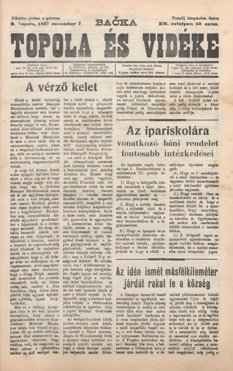 Bačka Topola és Vidéke, 14. évf. 1937. november 7. 45. sz.
