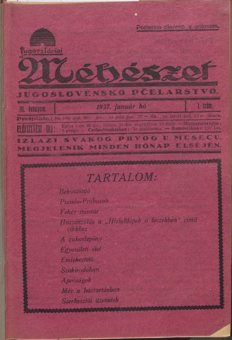 Jugoszláviai méhészet, 3. évf. 1937. január 1. 1. sz.