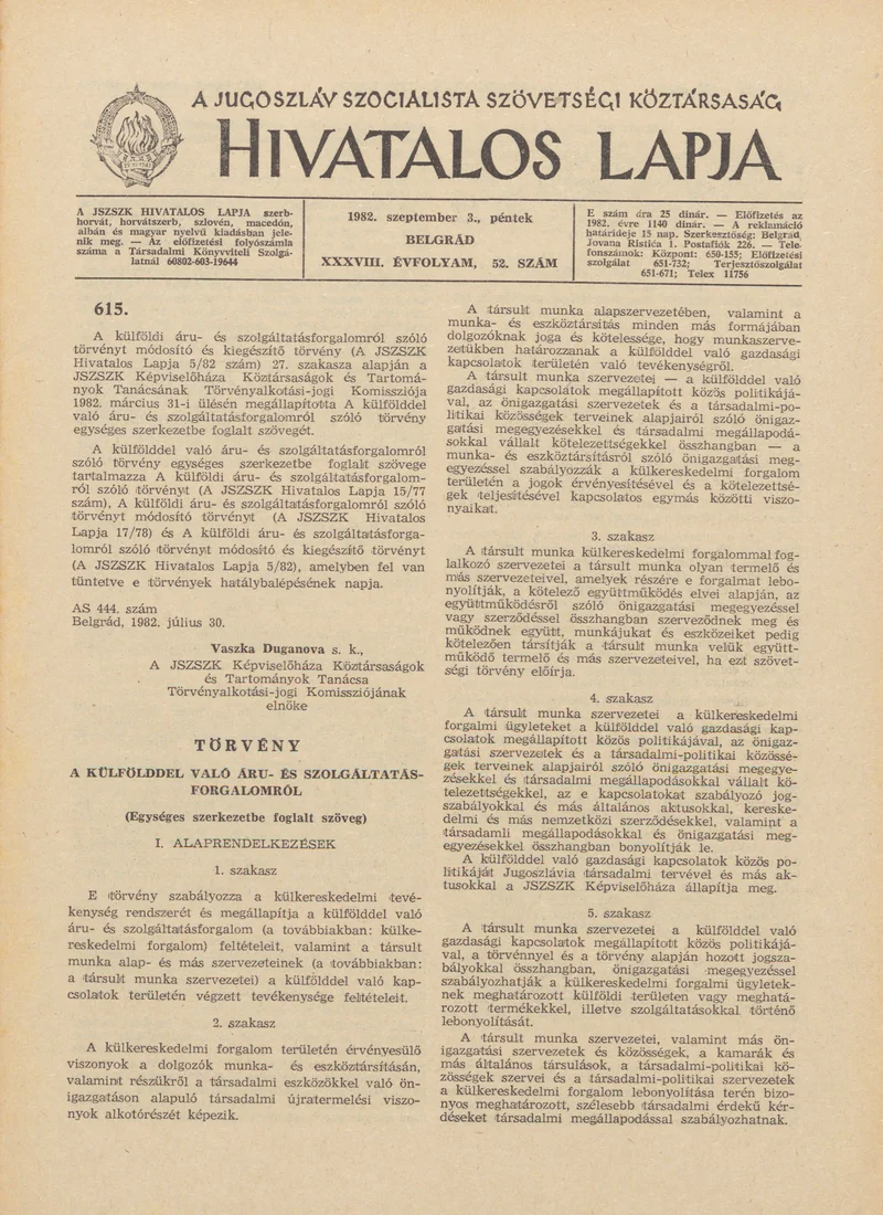A Jugoszláv Szocialista Szövetségi Köztársaság Hivatalos Lapja, 38. évf. 1982. szeptember 3. 52. sz. 1309–1348. oldal
