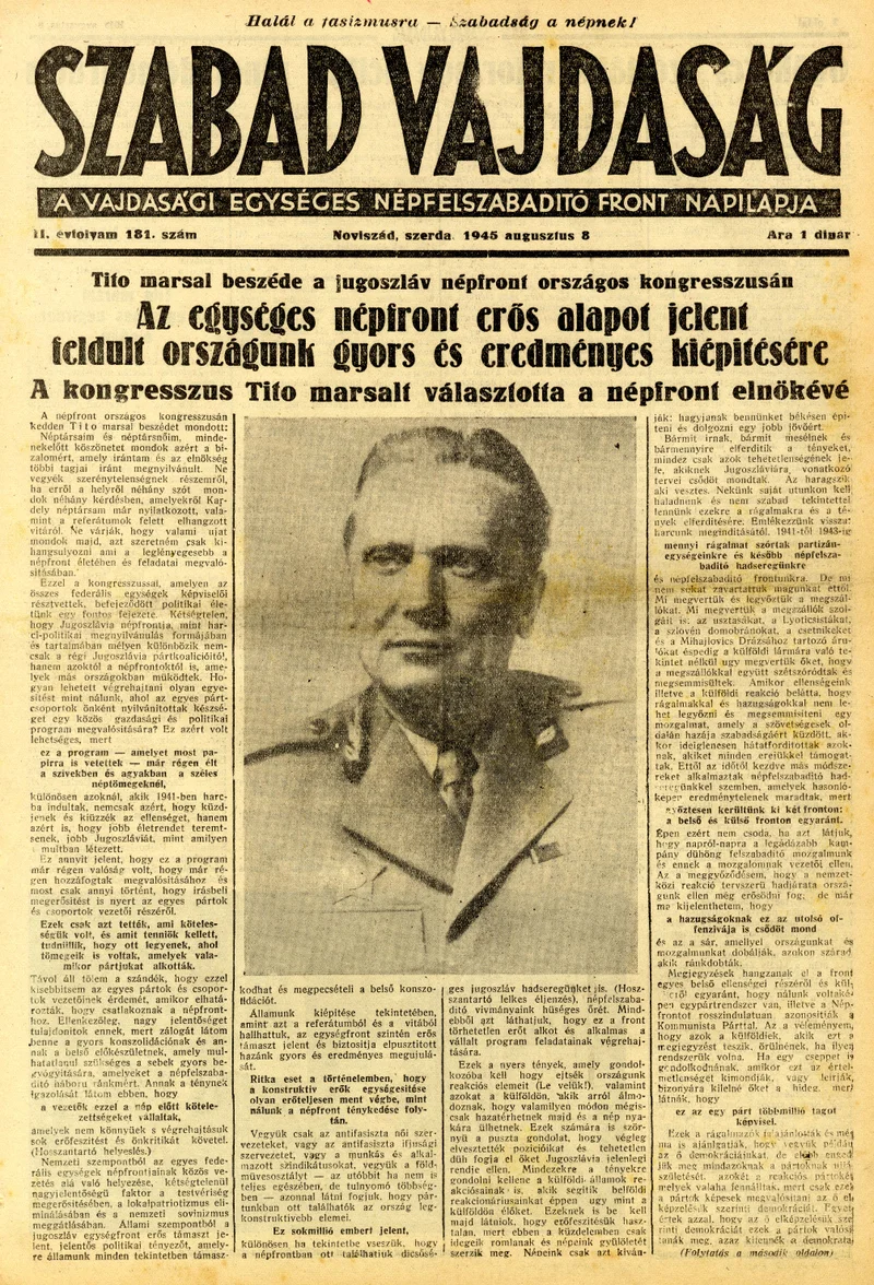 Szabad Vajdaság, 2. évf. 1945. augusztus 8. 181. sz.