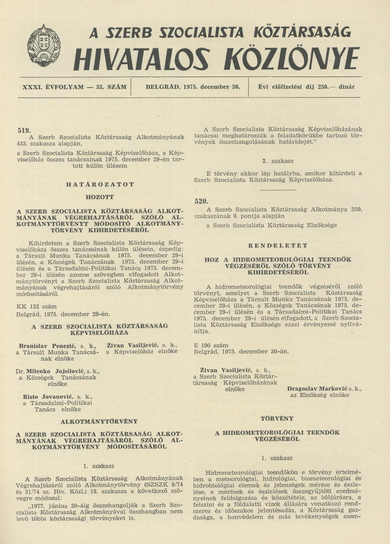 A Szerb Szocialista Köztársaság Hivatalos Közlönye, 31. évf. 1975. december 30. 53. sz. 1193–1196. oldal