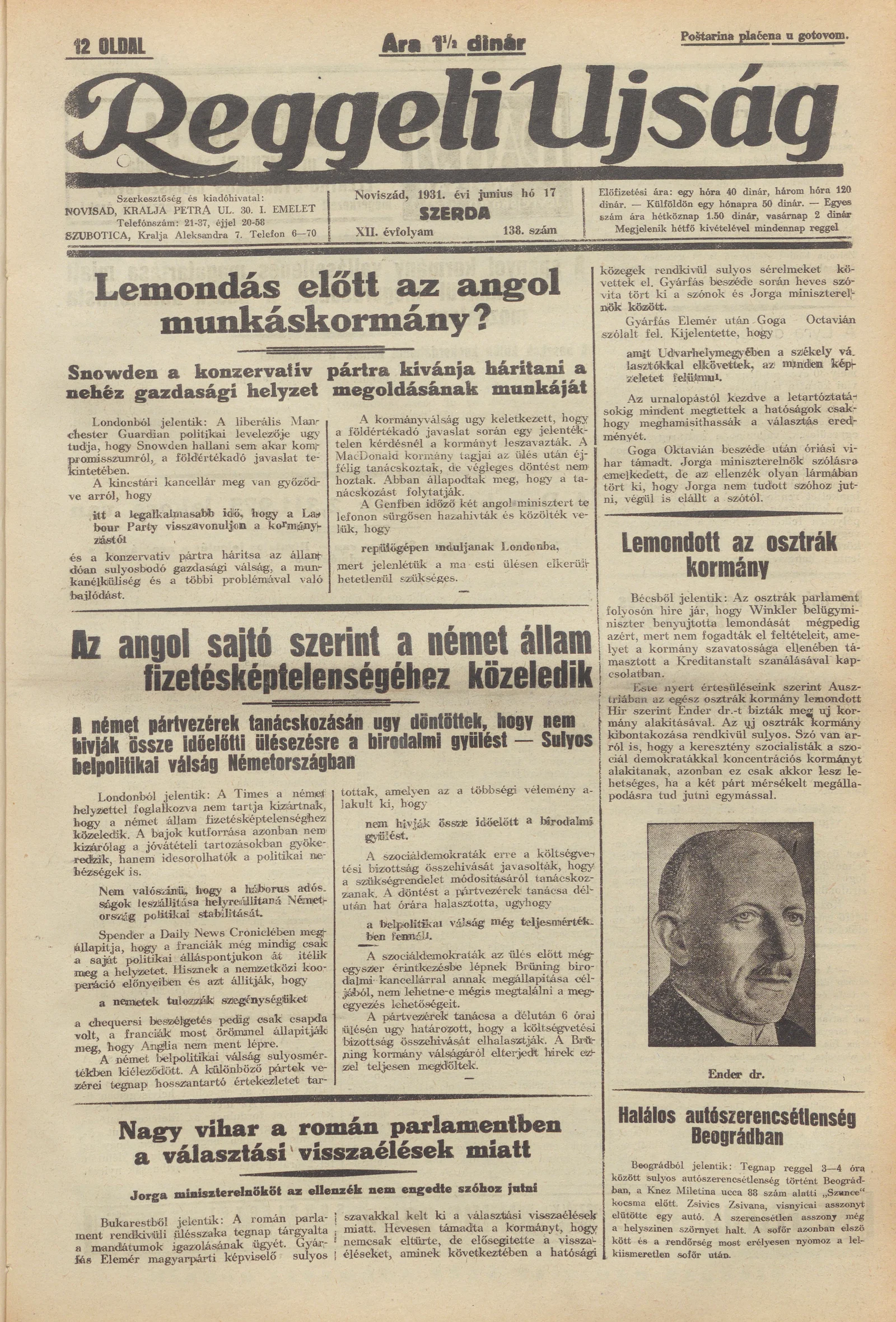 Reggeli Újság, 12. évf. 1931. június 17. 138. sz.