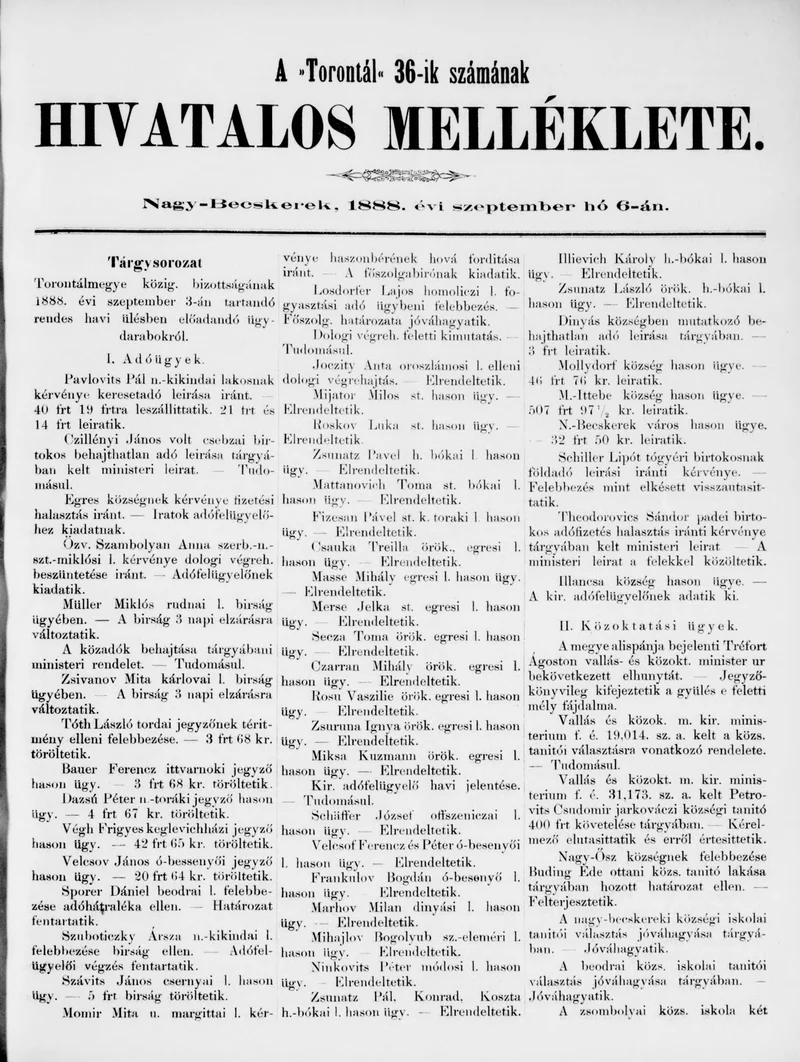 A Totontál  hivatalos melléklete, 1. évf. 1888. szeptember 6. 36. sz.