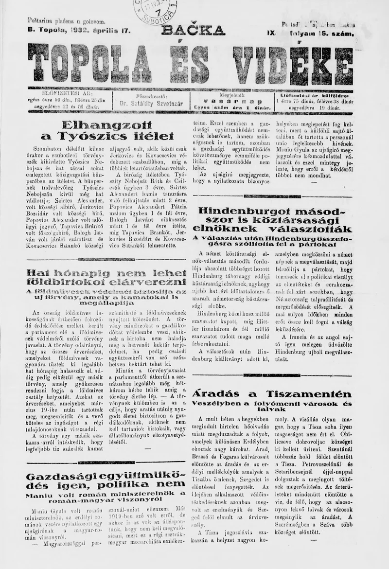 Bačka Topola és Vidéke, 9. évf. 1932. április 17. 16. sz.