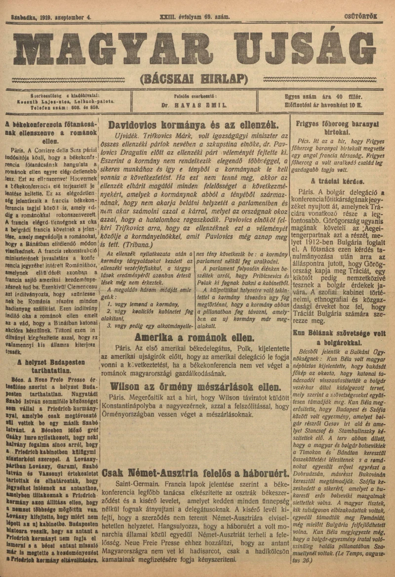 Bácskai Hirlap, 23. évf. 1919. szeptember 4. 69. sz.