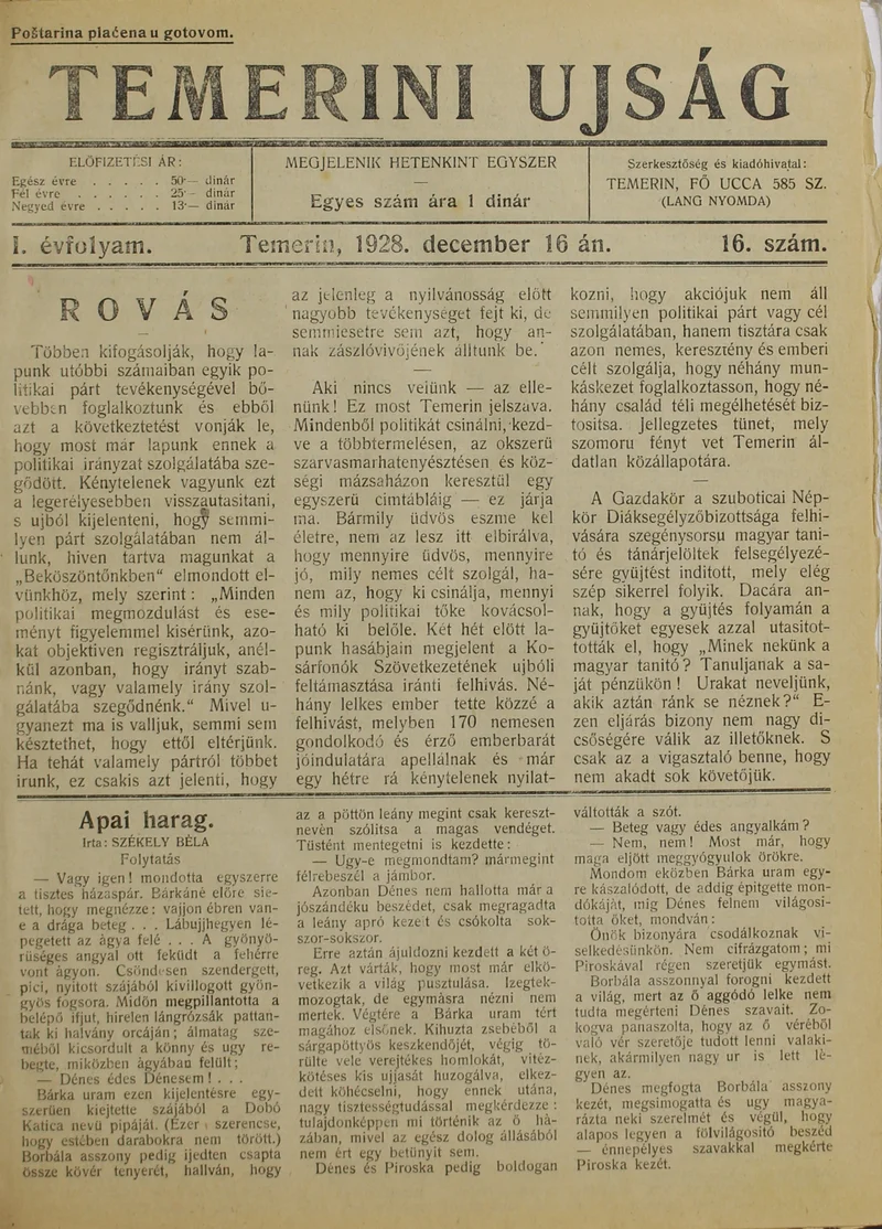 Temerini Újság 1928-1944, 1. évf. 1928. december 16. 16. sz.