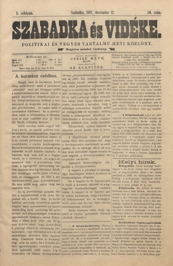 Szabadka és vidéke II, 5. évf. 1897. december 12. 50. sz.