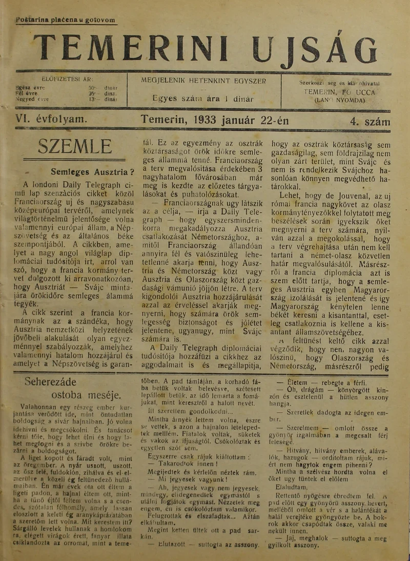 Temerini Újság 1928-1944, 6. évf. 1933. január 22. 4. sz.