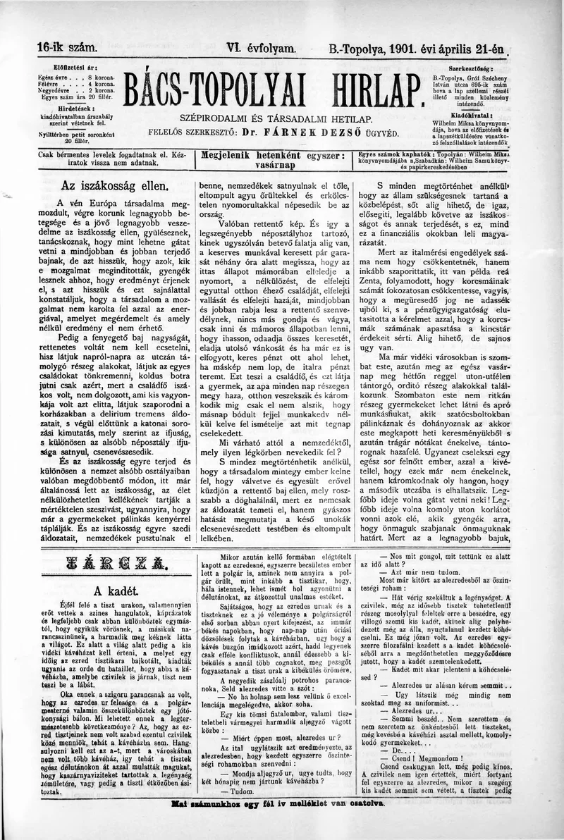 Bács-Topolyai Hirlap, 6. évf. 1901. április 21. 16. sz.