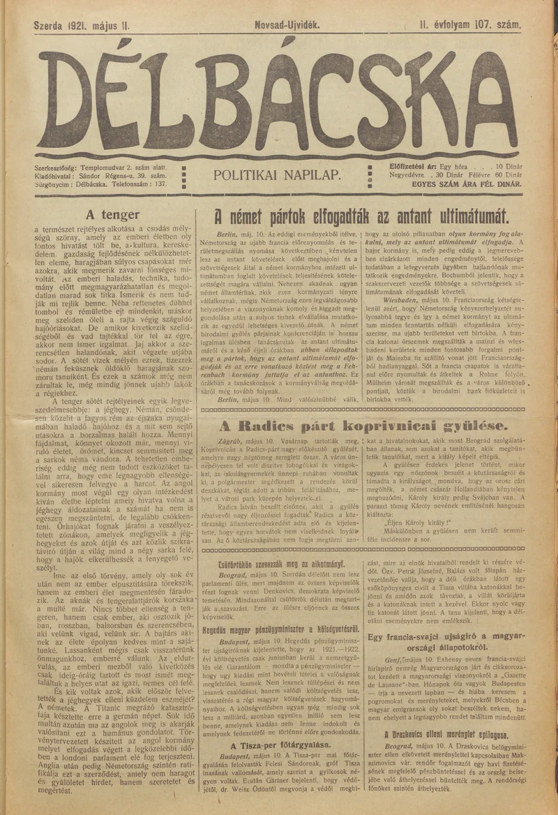 Délbácska, 2. évf. 1921. május 11. 107. sz.