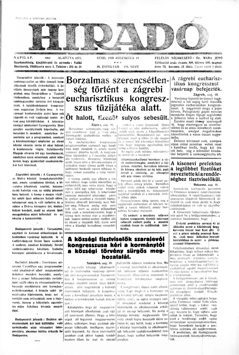 Híradó, 59. évf. 1930. augusztus 19. 190. sz.