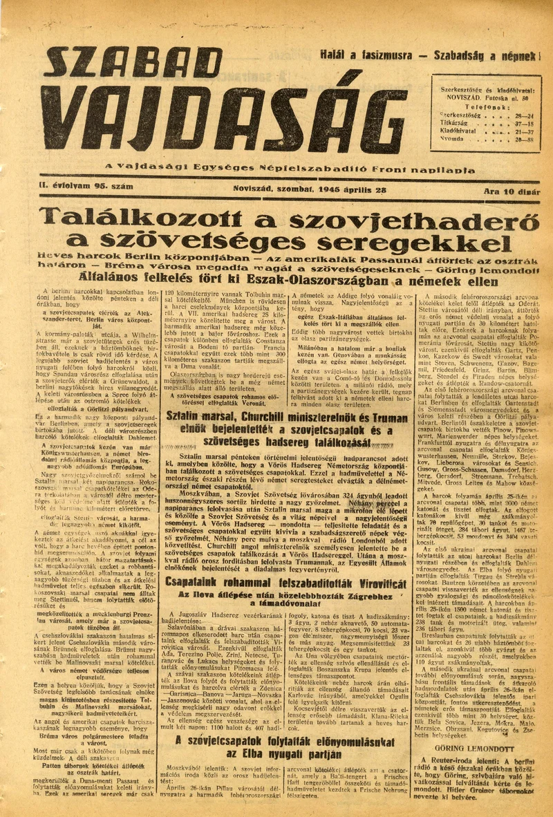 Szabad Vajdaság, 2. évf. 1945. április 28. 95. sz.