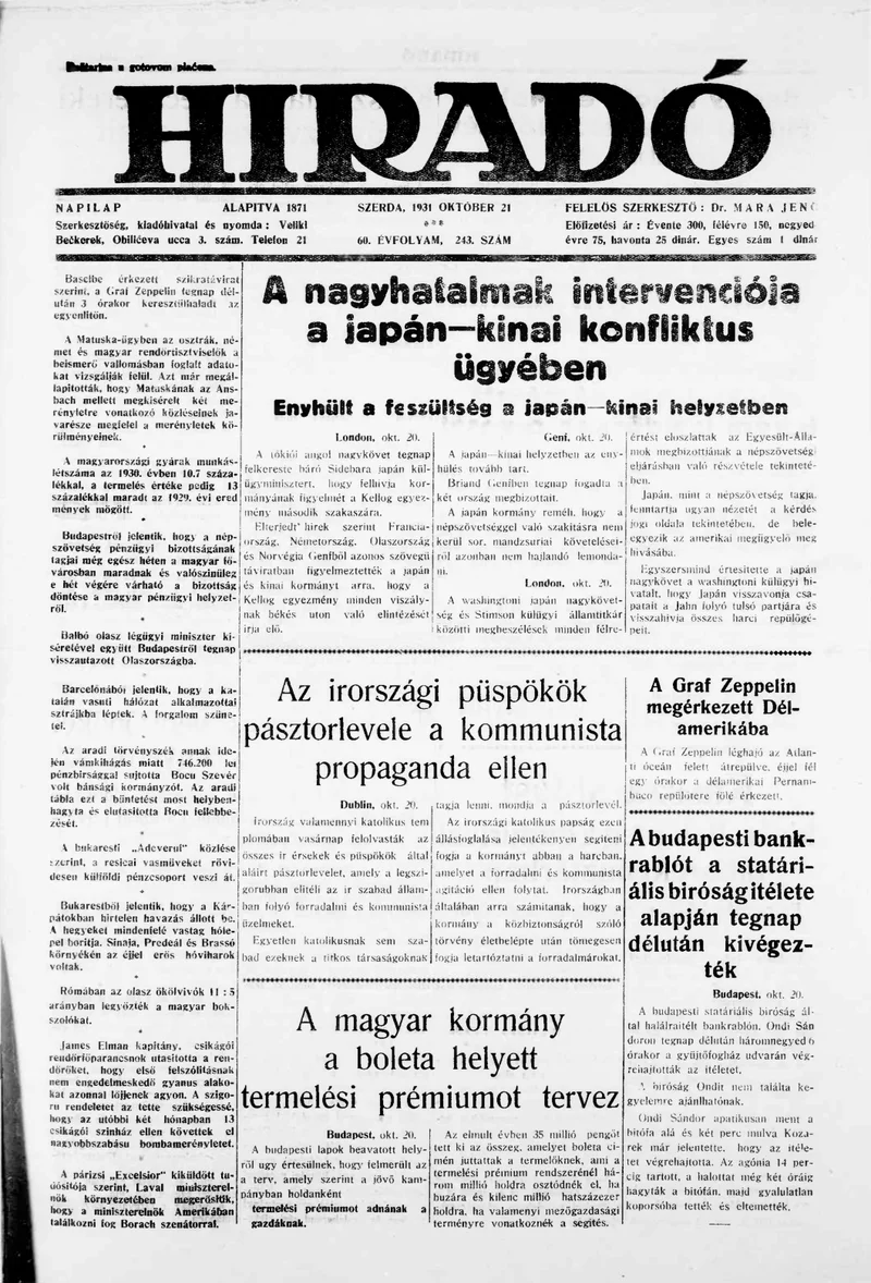 Híradó, 60. évf. 1931. október 21. 243. sz.
