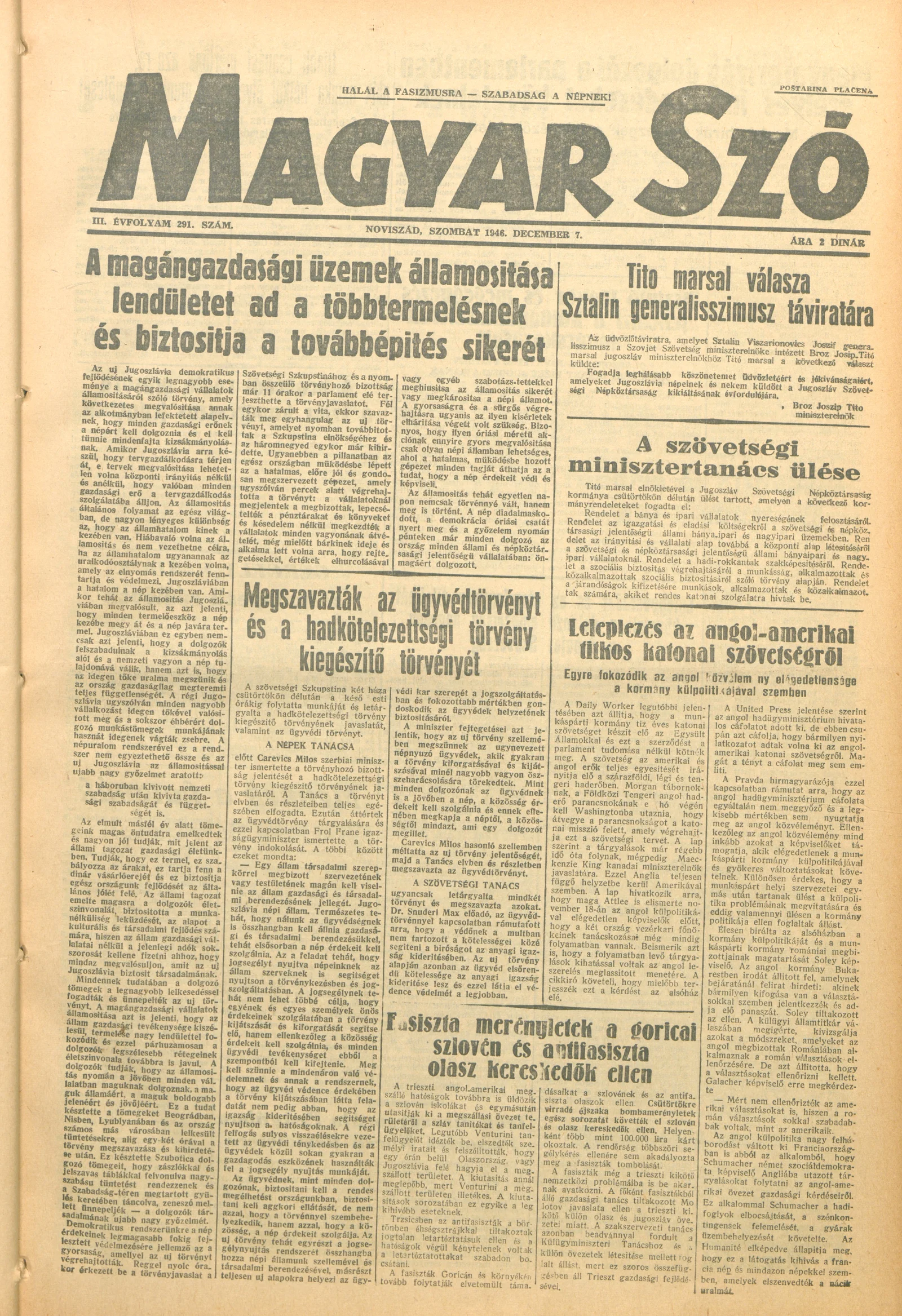 Magyar Szó, 3. évf. 1946. december 7. 291. sz. 1–6. oldal