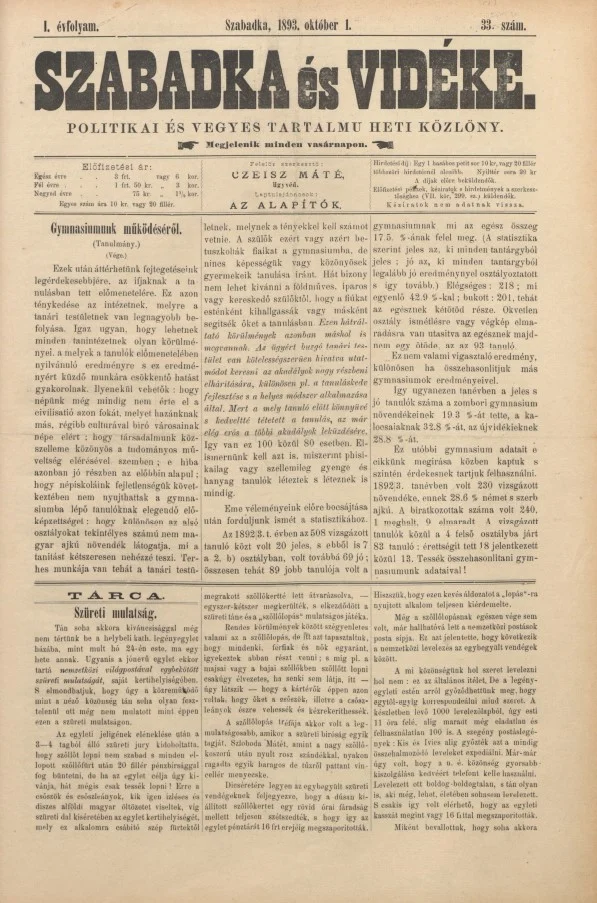 Szabadka és vidéke II, 1. évf. 1893. október 1. 33. sz.