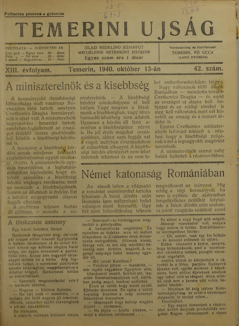 Temerini Újság 1928-1944, 13. évf. 1940. október 13. 42. sz.