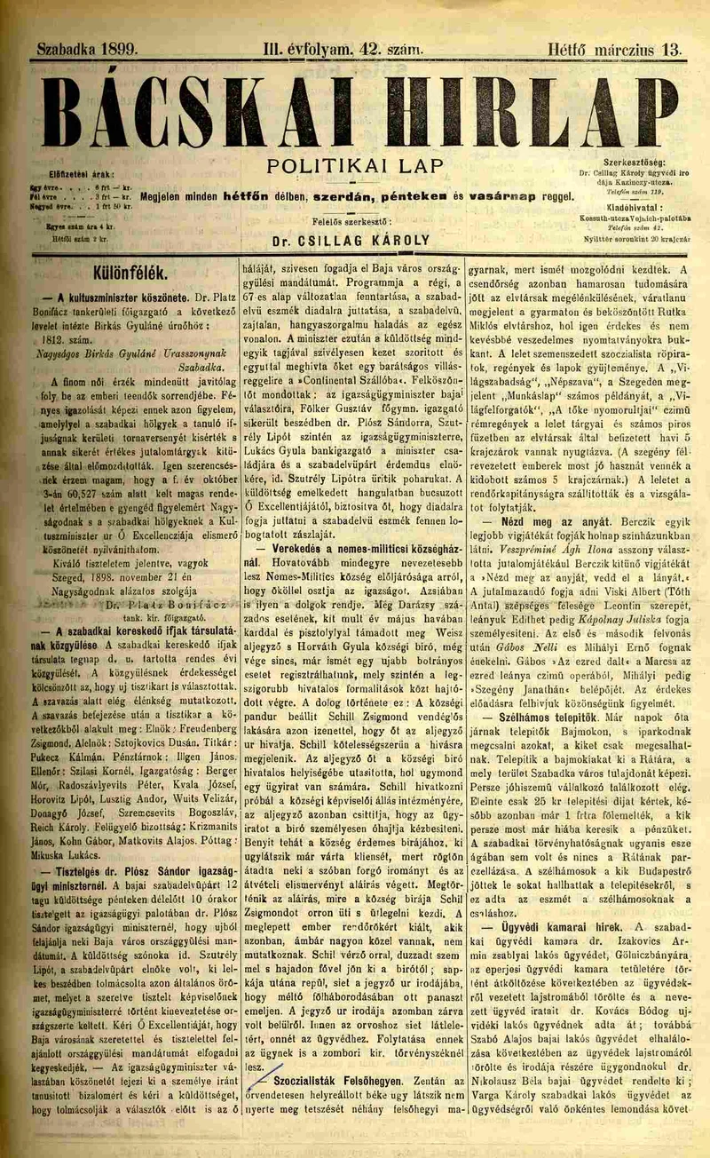 Bácskai Hirlap, 3. évf. 1899. március 13. 42. sz.