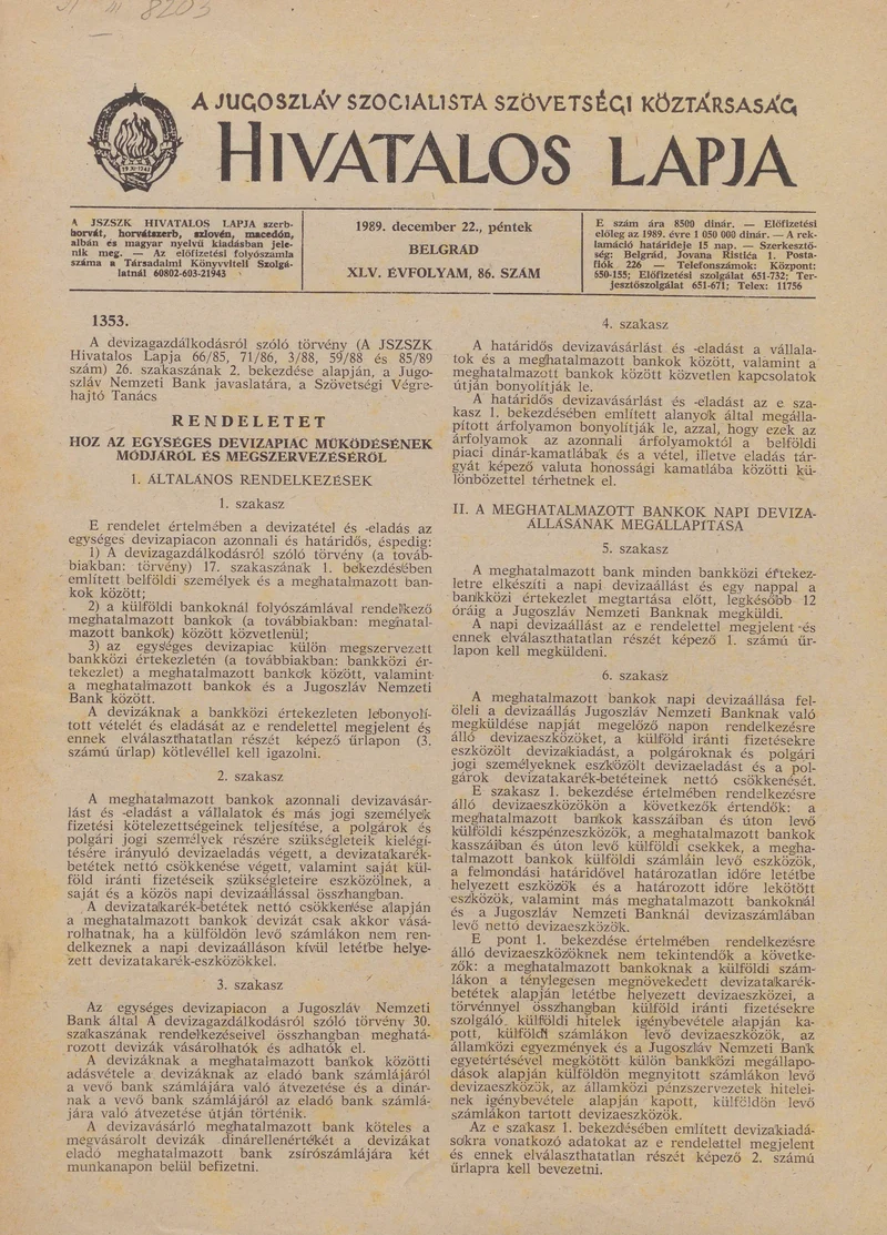 A Jugoszláv Szocialista Szövetségi Köztársaság Hivatalos Lapja, 45. évf. 1989. december 22. 86. sz. 2125–2128. oldal