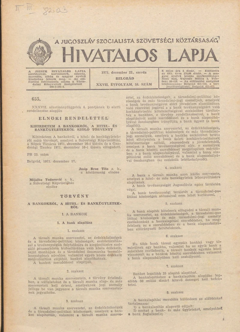 A Jugoszláv Szocialista Szövetségi Köztársaság Hivatalos Lapja, 27. évf. 1971. december 22. 58. sz. 1093–1116. oldal