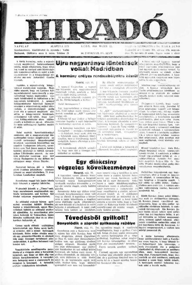 Híradó, 60. évf. 1931. május 12. 108. sz.