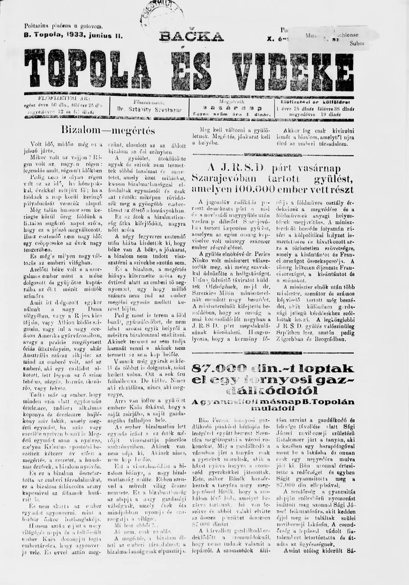 Bačka Topola és Vidéke, 10. évf. 1933. június 11. 24. sz.