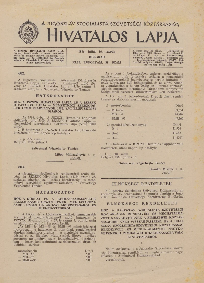 A Jugoszláv Szocialista Szövetségi Köztársaság Hivatalos Lapja, 42. évf. 1986. július 16. 39. sz. 1157–1160. oldal