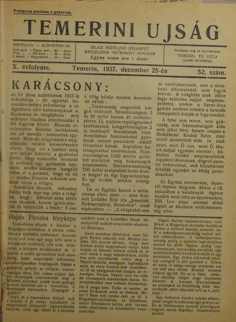 Temerini Újság 1928-1944, 10. évf. 1937. december 25. 52. sz.