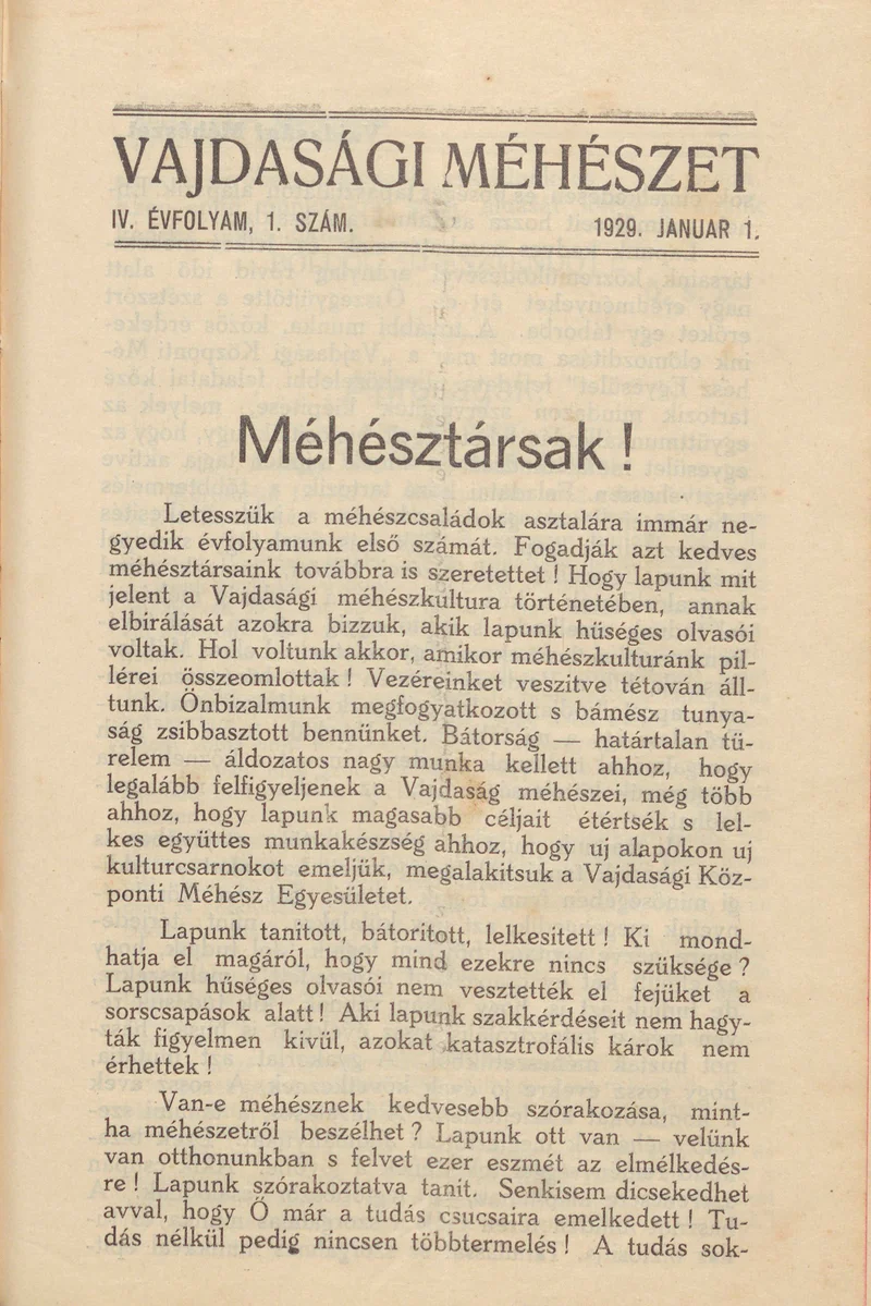 Vajdasági méhészet, 4. évf. 1929. január 1. 1. sz.