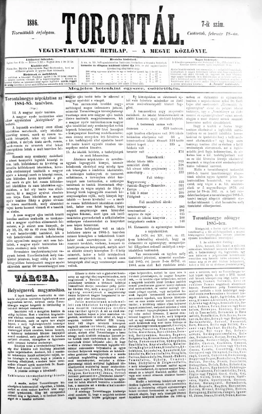 Torontál, 15. évf. 1886. február 18. 7. sz.