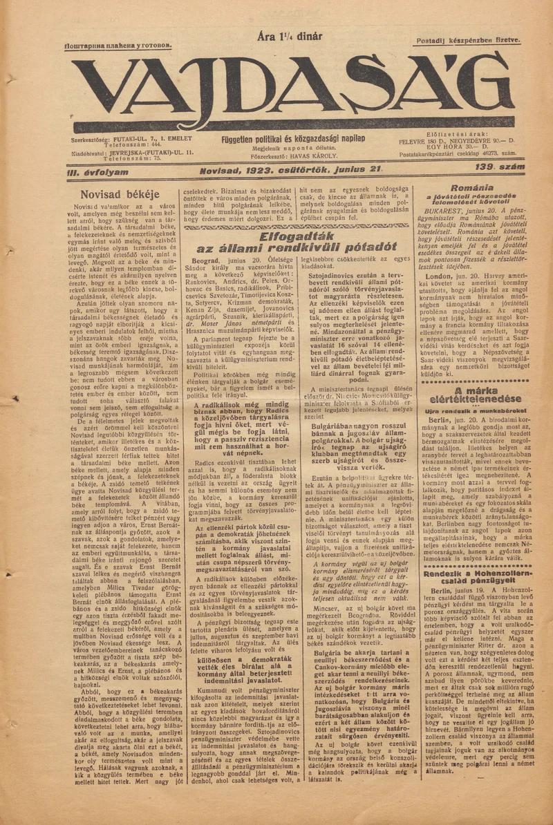 Vajdaság, 3. évf. 1923. június 21. 139. sz.