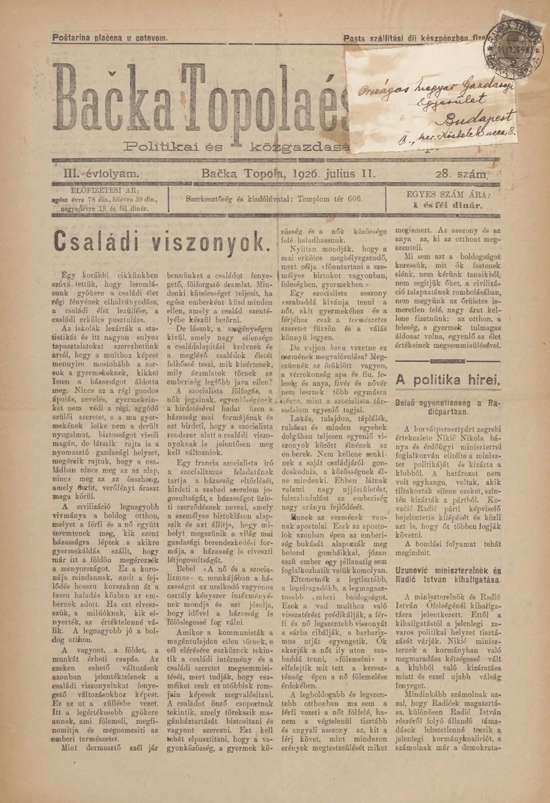 Bačka Topola és Vidéke, 3. évf. 1926. július 11. 28. sz.