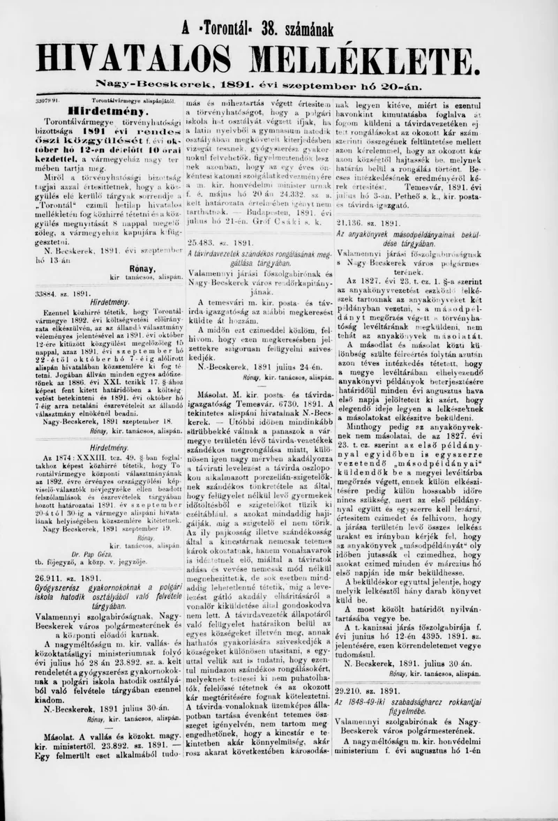A Totontál  hivatalos melléklete, 4. évf. 1891. szeptember 20. 38. sz.