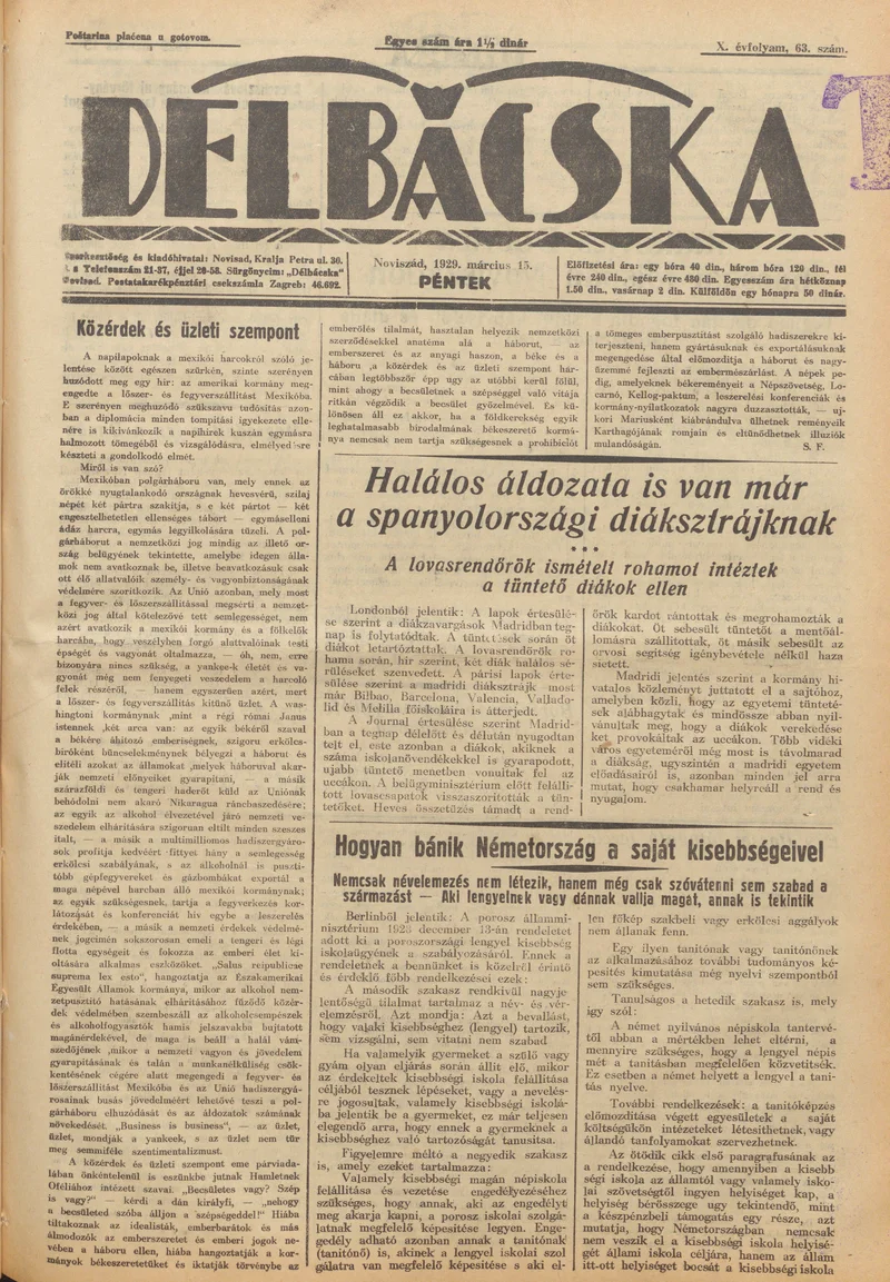 Délbácska, 10. évf. 1929. március 15. 63. sz.