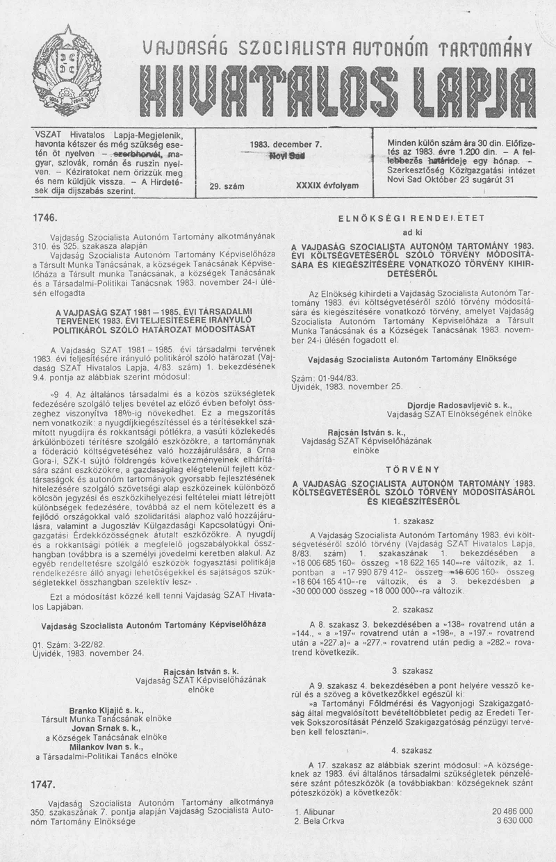 Vajdaság Szocialista Autonóm Tartomány Hivatalos Lapja, 39. évf. 1983. december 7. 29. sz.